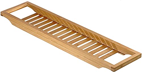 Optimal Products Bamboo Over Bath Rack Tidy Bathroom Storage Stand Tray Bathtub Shower Caddy Unit