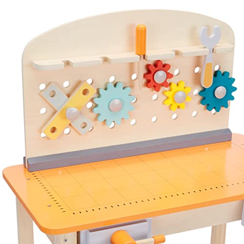 Amazon Basics Wooden Play Toy Tool Set and Workbench for Toddlers, Preschoolers, Children Age 3+ Years, 15.6"D x 22.8"W x 30.7"H, Multicolor view 3