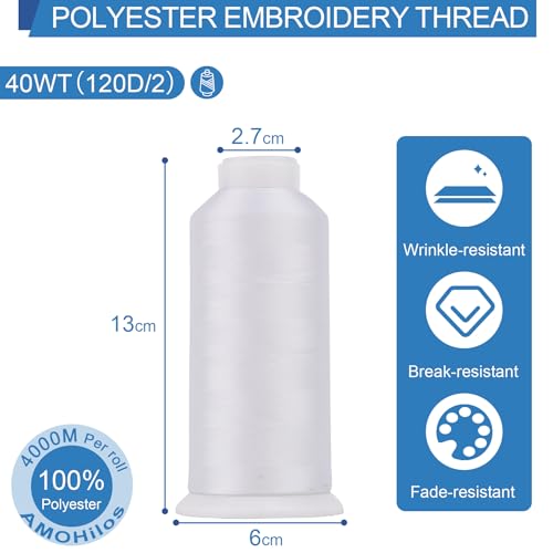 Image of High Tenacity Polyester Embroidery Machine Thread 40WT(120D /2) 4000M Per Spool for Commercial and Domestic Embroidery Machine (Snow White-1802)