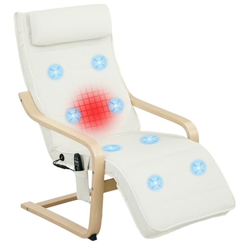 HOMCOM Poltrona Relax Riscaldante e Massaggiante a 8 Punti con Poggiapiedi Regolabile e Telecomando, Poltrona per Salotto in Legno di Betulla e Tessuto Effetto Lino, Crema e color Legno