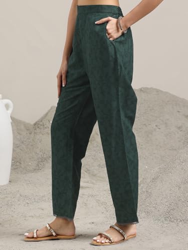 Image of Libas Green Printed Silk blend A Line Kurta set for Women | daily wear suit