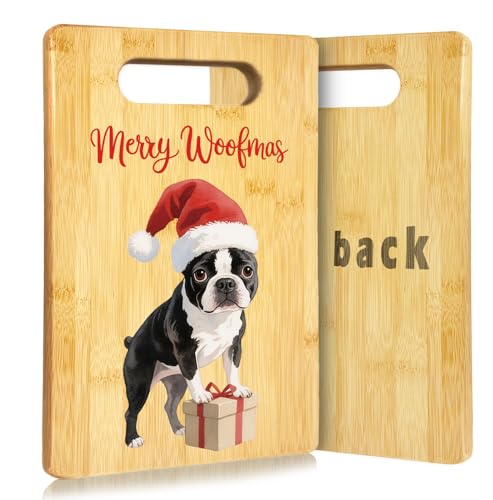 KRHFG Christmas Boston Terrier Cutting Board, Boston Terrier Gifts for Women, Christmas Dog Kitchen Decor, Xmas Cute Puppy Santa Decorative Bamboo Cutting Chopping Boards for Kitchen