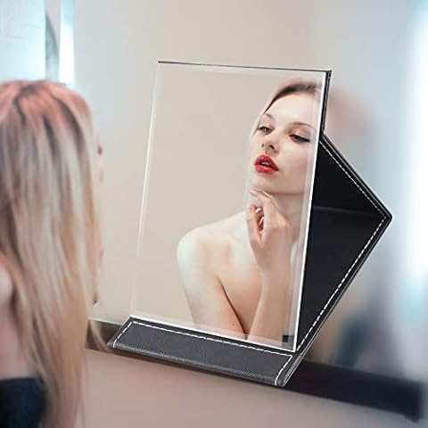 JTOOYS Mirror, Desktop Mirror, Creative Folding PU Makeup Mirror, Smart Portable Mirror, Desktop Folding Mirror with Stand, Simple Fashion Black Mirror 21.5x15.5cm Cover