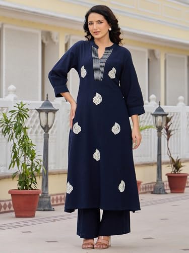 Image of INDO ERA Women's's Pure Cotton Embroidered Kurta Women | Floral Neck & Hem Embroidery | Cotton Kurta Women |