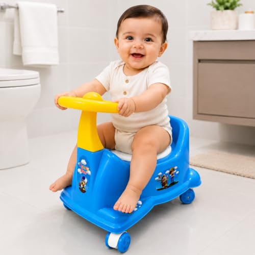 Image of Baby Potty Training Seat with Wheels & Steering | Ride On Potty Chair for Toddlers | Removable Bowl, BPA Free, Non-Toxic, Portable Toilet Trainer for Boys & Girls 6 Months to 3 Years | Blue
