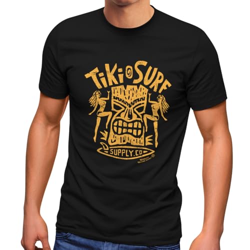 Neverless® Herren T-Shirt Tiki Maske Surf Honolulu Hawaii Beach Supply Sommer Sonne Printshirt Aufdruck Fashion Streetstyle Gelb XL