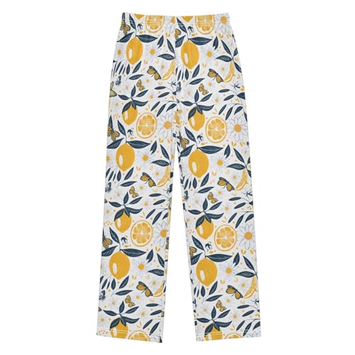 ALAZA Lemons Flowers and Butterflies Pajamas Bottoms with Pockets Comfy Pjs Sleepwear Elastic Waistband Pajamas Pants Lounge Pants for 6-14 Years