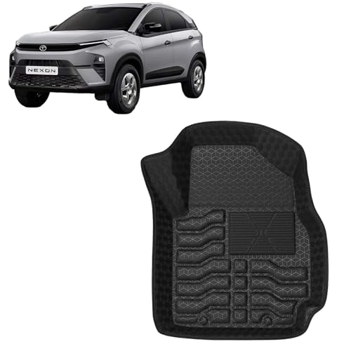 Image of Kingsway Accessories Premium 4.5D Car Floor Mats Only Compatible with Tata Nexon (Manual Transmission) Year 2023 Onwards, 3 Pcs, 100% Waterproof Tray Shape PVC Foot Mats | Black | 1 Year Warranty
