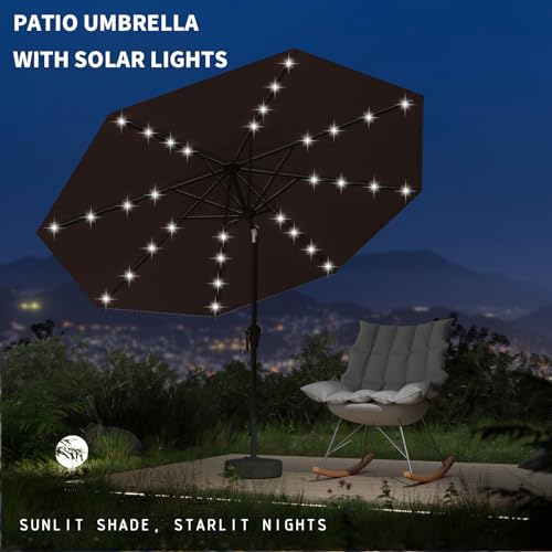 Image of 9FT Patio Umbrella with Solar Lights,Outdoor Market Umbrella with Tilt and Crank, LED Lighted Table Umbrella for Garden,Deck,Backyard,Pool,Beach (Brown)