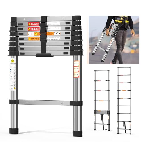 Telescopic Ladder 2.6m/8.5FT,Stainless Steel Lightweight Extension Ladder with Automatic Locking,Non-Slip Feet,Load 150kg/330lb,Multi-Purpose Collapsible Ladder for Household and Outdoor Working 1 Telescopic Ladder 2.6m/8.5FT,Stainless Steel Lightweight Extension Ladder with Automatic Locking,Non-Slip Feet,Load 150kg/330lb,Multi-Purpose Collapsible Ladder for Household and Outdoor Working