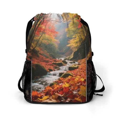Small Gym Bag Forest Fallen Leaves Printed Drawstring Gym Bag for Men Lightweight Waterproof Drawstring Backpack for Women with Shoe Compartment for Travel Tourism Work And Fitness