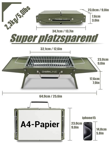 Charmline Tragbarer Holzkohlegrill, Klappbarer Campinggrill 35 x 23 cm für 1–3 Personen, Mini BBQ Grill für Balkon, Garten, Camping, Picknick und Strand, Grün