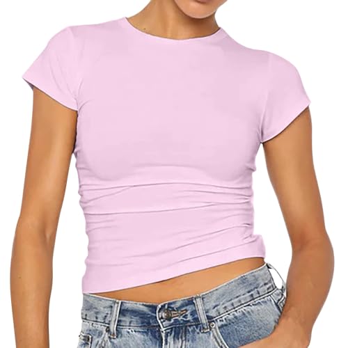 hahuha Camisetas de verano transpirables para mujer, de manga corta, cuello redondo, básica, ajustada, ajustada, para entrenamiento, yoga, casual, manga corta, Morado (, XL