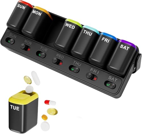 Image of House of Quirk Weekly Pill Organizer 7 Day, One-Time-a-Day Medicine Box with Reminder, Detachable Travel Pill Case, Large Capacity Organizer for Vitamins, Supplements & Daily Medication (Black)