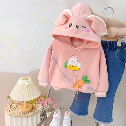 Image of Bold N Elegant Girl's Denim Solid Full Sleeve Bunny Print Sweatshirt Hoodie And Jeans With Frayed Hem