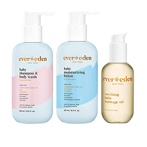 Image of Evereden Baby Bathtime Basics Trio | Baby Shampoo and Body Wash, 8.5 fl oz & Fragrance Free Moisturizing Lotion, 8.5 fl oz & Soothing Massage Oil, 4 fl oz | 3 Item Bundle Set | Clean