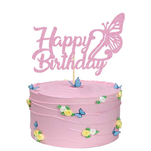 Happy Birthday Cake Topper, 2nd Birthday Cake Topper, Number 2 Butterfly Theme Cake Topper for Baby Birthday Cake Party Decorations