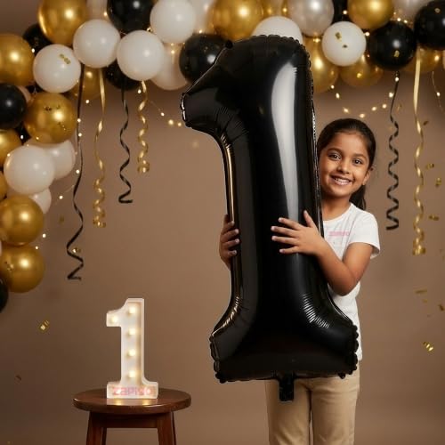 Image of Balloonistics Black 40-Inch Foil Number 1 Balloon with Matching LED Marquee Light - Combo Set for 1st Birthday, Anniversary, Party Decoration, Photo Booth Backdrop
