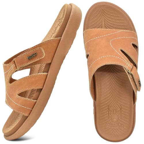 KuaiLu Womens Fashion Orthotic Slides Ladies Athletic Yoga Mat Memory Foam Walking Recovery Sandals Slip On Open Toe Thick Cushion Slippers Comfortable Plantar Fasciitis Arch Support Khaki Size 92