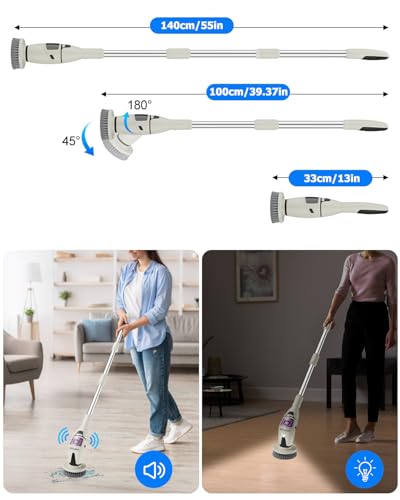 SYTUNG Electric Spin Scrubber, Electric Cleaning Brush with Ambient Light and Voice Announcement, Brush Head Can Rotate, 3 Speed Adjustment, Adjustable Extension Handle, Led Lighting - Image 4