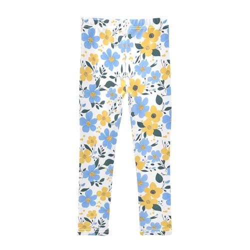 Girls' Athletic Leggings Ankle Length Yoga Dance Pants Kids Teen 4T Blue Yellow Flower2