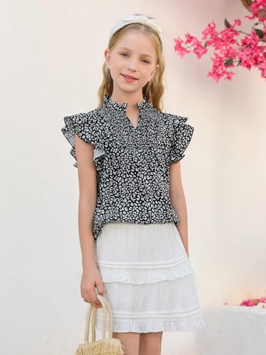 Image of Haloumoning Girls Ruffle Short Sleeve Floral Chiffon Blouses Kids Summer Shirts Tops 5-14 Years