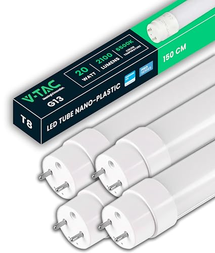V-TAC 4x Tubi LED 150 CM con attacco G13 20W - 2100 Lumen - Chip Samsung - Tubi LED per Soffitto, Parete, Garage, Negozio - Tubo LED forma T8 - Sostituzione Neon - Luce 6400K Bianca Fredda