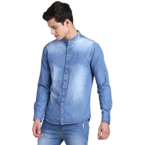 Image of Dennis Lingo Men's Solid Denim Cotton Slim Fit Full Sleeve Mandarin Collar Casual Shirt