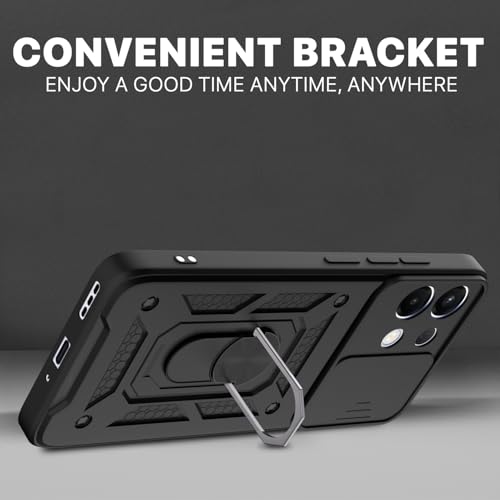 Image of Pikkme Back Cover for Oppo K13 5G | 360 Protection Case | Sliding Camera Shield Cover & Ring Holder Stand D10 Tough Armor Bumper Case (Black)