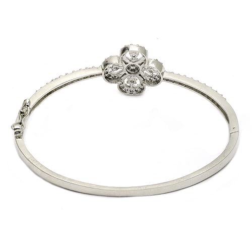 Image of ZENEME Rhodium-Plated Silver Tone American Diamond Floral Openable Kada Bracelet for Girls | White Floral CZ Studded Designer Hinged Bracelets For Women