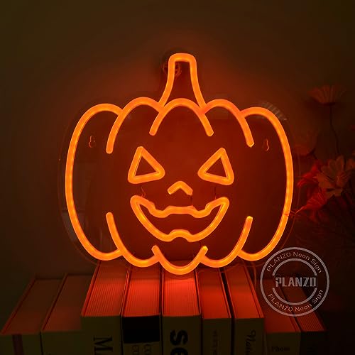 Image of Planzo Pumpkin Neon Sign Halloween Night Lights Wall Decoration Fall Harvest Lamp for Bar Kid Game Room Man Cave Bedroom Living Room Kitchen Spooky Halloween Christmas Gift Orange 5V USB Indoors
