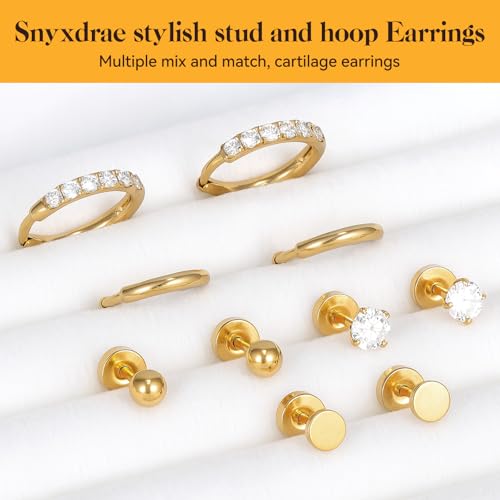 Hypoallergenic Flat Back Earrings Set for Women Men Multiple Piercing Ears Small 14K Gold Cartilage Hoop Earrings 316L Surgical Stainless Steel Tiny Cubic Zirconia Stud Earrings Round Ball Stud Earring UNISEX4
