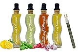 Zitrone auf Olivenöl, Basilikum auf Olivenöl, Chiliöl und Knoblauch auf Olivenöl je 100ml in der dekorativen Wellenflasche - schmeckt nicht nur super, sieht auch grandios aus