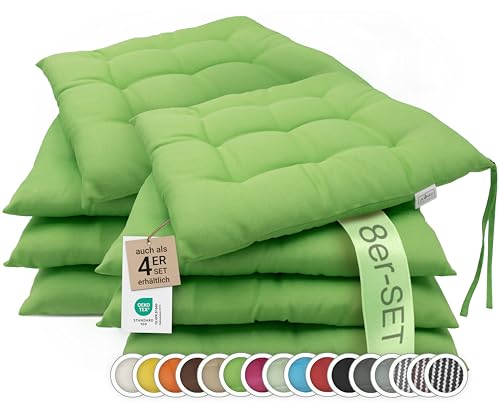 ZOLLNER 8er Set Sitzkissen in 40x40cm - gemütliche Stuhlkissen mit Bindebänder - waschbar bis 30°C - in grün - Oeko Tex® Zertifiziert
