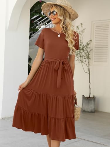 Image of Lyrur Women's Dresses Casual Summer Tiered Midi Dress Short Sleeve Belted Ruffle Babydoll Boho Sundress with Pockets
