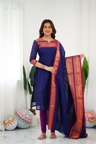 Image of TWINLIGHT Women's Kanchi Cotton Elephant Jaquard Work Kurta and Dupatta Set | V Neck 3 /4 Sleeves Straight Calf Length Kurti with Jaquard Border Work Dupatta | Kurti Set for Women