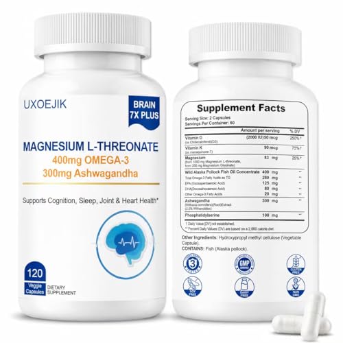 UXOEJIK Magnesium L-Threonate and Magnesium Glycinate 2000mg Magnesium Supplement | Memory Sleep and Cognitive Support | Non-GMO Gluten-Free 120 Count