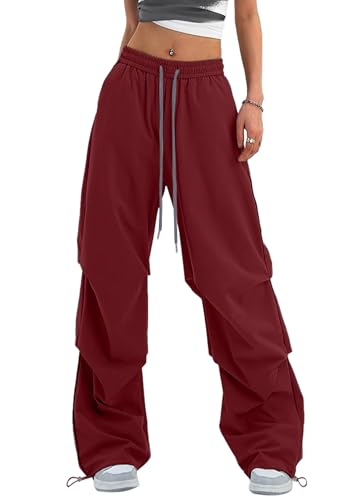 Bakyarder Womens Y2K Baggy Parachute Pants High Waist Wide Leg Casual Track Pants with Adjustable Drawstring Waist Burgundy Medium