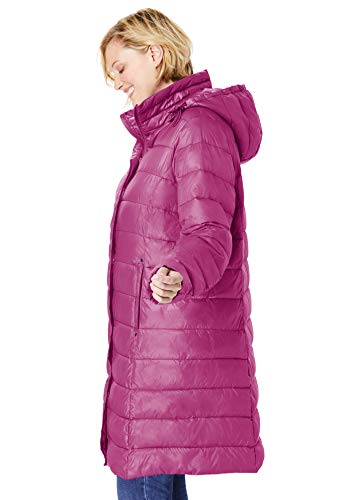 Woman Within Women's Plus Size Long Packable Puffer Jacket - 4X, Navy Red #TOP6
