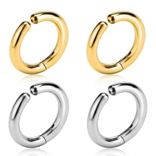 Visxcnu 4 Pièces Faux Piercing Oreille Set Cuff Boucles d'oreilles Clip sans Perçage Acier Inox Argent & Or 16mm Grandes Créoles pour Hip-Hop Scène...
