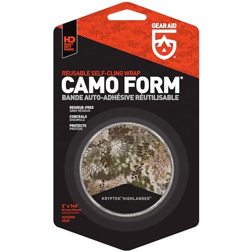 GEAR AID Camo Form Self-Cling and Reusable Fabric Camouflage Wrap, Adds Grip and Shield Hands from Hot or Cold Surfaces to Protect You and Your Equipment, Kryptek Highlander, 2” x 144” Roll, 1 Pack
