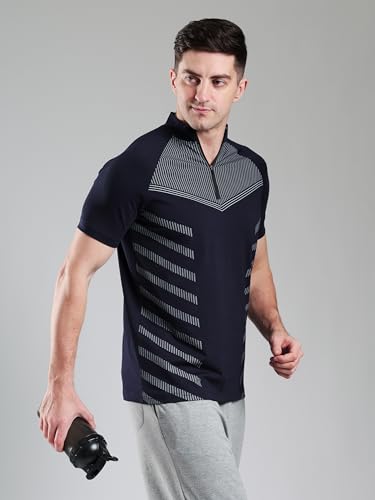 Image of GROW Stylish Aeroflex Zip T Shirt for Men Workout | Cotton and Spandex Quarter Zip Back Printed Collar T-Shirts for Men Half Sleeves