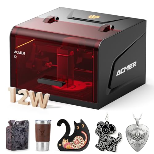 ACMER K1 12W Laser gravurmaschine Klasse 1 Geschlossener Lasergravur Maschine mit Rauchabzug 0.01mm Hochpräzise Laser Cutter & Gravur für DIY Holz Glas Leder Metall und Geschenkherstellung
