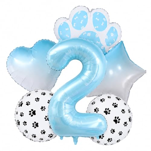 Image of Blue Puppy Dog Paw Print Number 2 Foil Balloon Kit Boys 2nd Birthday Decor