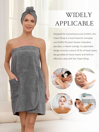 Image of Air Curvey Soft Wrap Towel for Women Lightweight Spa Body Wrap Shower Wrap Robe Adjustable Closure Bathrobe with Pocket Gray XL