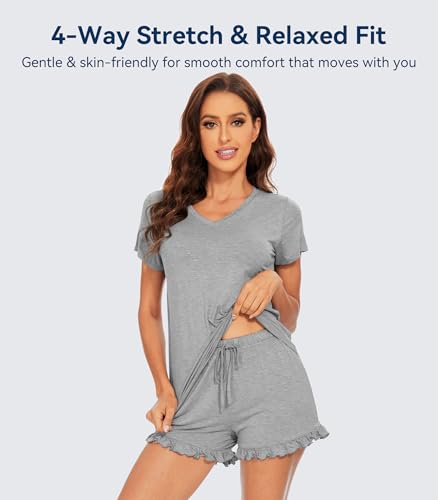 Image of WiWi Womens Pajamas Set Bamboo Viscose Super Soft Short Sleeve Top Ruffle Shorts Sleepwear Cooling Pj Sets S-XXL