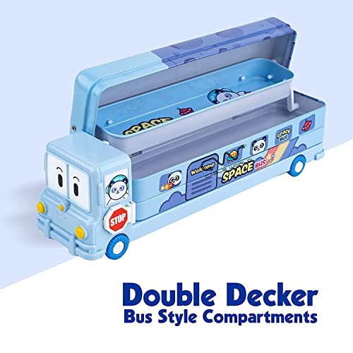 Image of LONGMIRE Plastic Space School Bus Shaped Pencil Box for Kids with Wheels and Sharpener Metal Bus Pencil Box for Boys Multicolor