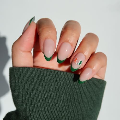 Glamnetic x Fanatics Press On Nails - Miami Hurricanes | Short Almond Fake Nails, Collegiate Hurricanes Green French Tips, College Nails, Salon-Quality | 15 Sizes - 30 Nail Kit with Glue