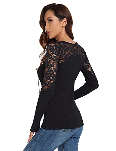 Image of AmelieBoutik Women Floral Lace Inset Lace Up Ribbed Long Sleeve Knit Top