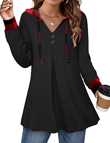 Image of Lotusmile Women's Long Sleeve Hooded Tunic Tops Button Swing Pullover Hoodie Sweatshirts
